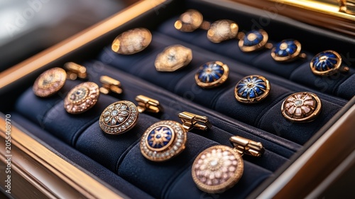 Luxury cufflinks displayed in wooden box on velvet