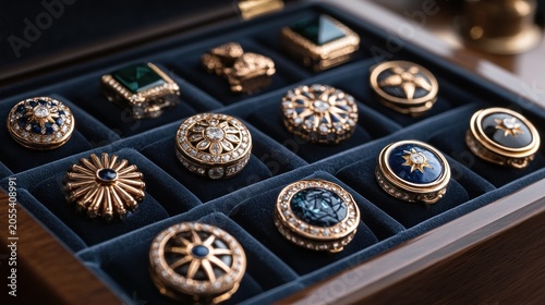 Luxury cufflinks in wooden box, blue velvet interior, blurred background