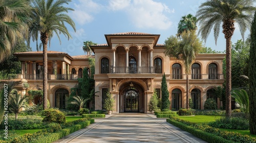 Luxury mansion exterior with garden, palm trees, and clear sky