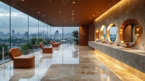 Luxury restroom lounge overlooking cityscape at dusk