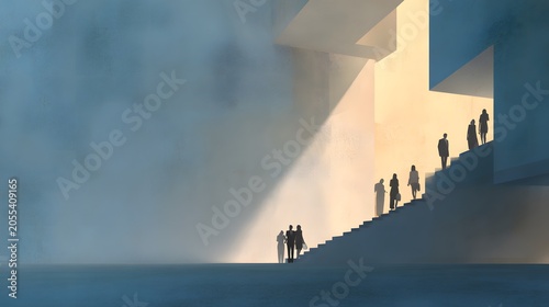 Modern architecture with geometric shapes and silhouette figures ascending staircase