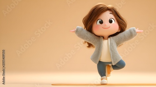 Adorable cartoon girl balancing on a wooden stick with arms outstretched