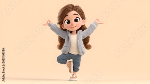 Playful Cartoon Girl Performing Yoga Pose with Outstretched Arms on Light Background