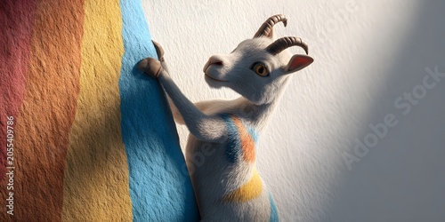 Cute baby goat with striped painted fur leaning against colorful wall