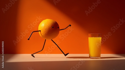 Playful Orange Character with Legs Walking Towards Glass of Juice on Light Surface