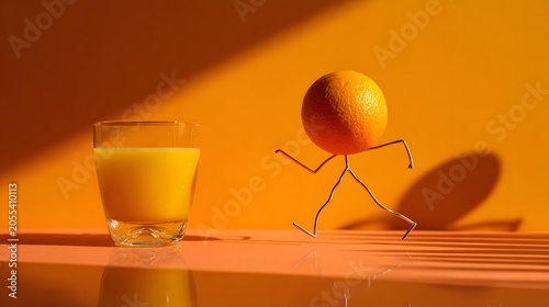 Humorous Orange Character Cartoon Walks with Glass of Orange Juice on Bright Background