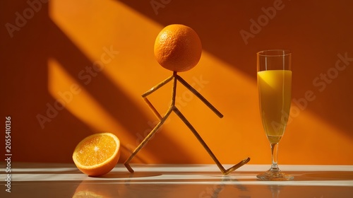 Artistic Still Life Composition with Orange Slice, Glass of Juice, and Creative Human Figure