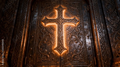 Ornate metal door with glowing cross