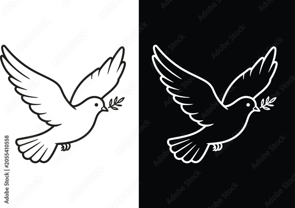 Fototapeta premium Flying dove with olive branch, minimalist line bird