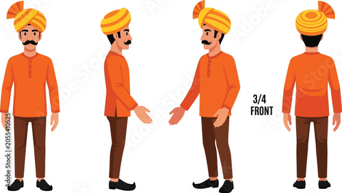 Photos Man Wearing Traditional Turban and Orange Shirt in Various Poses Featuring Carto