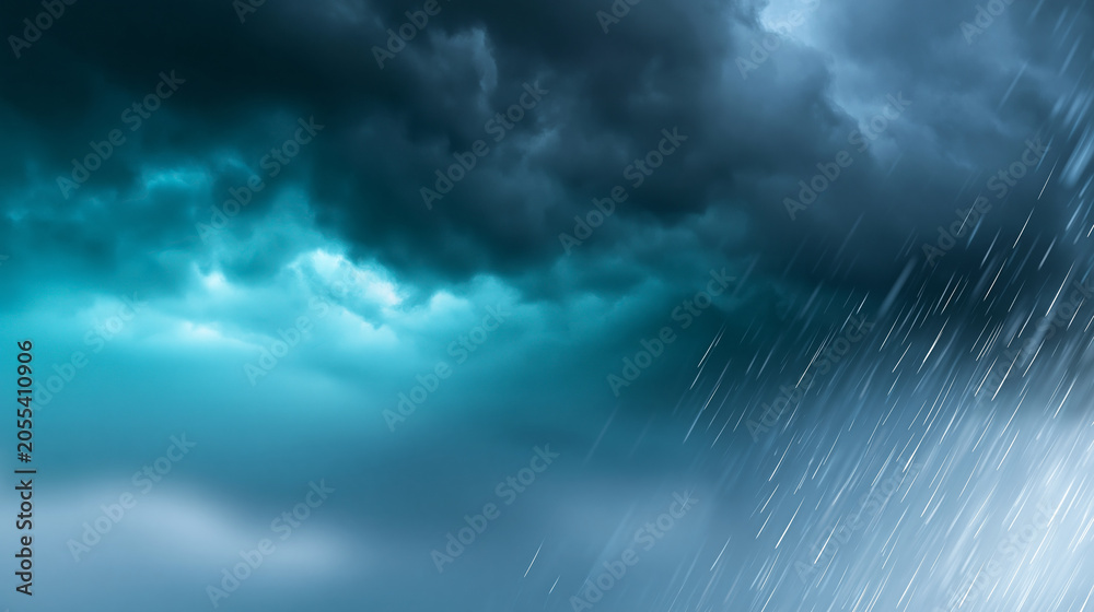 Fototapeta premium Menacing summer sky with heavy dark blue rain clouds on one side and falling rain on the other, dramatic weather contrast concept, defocused, with copy space