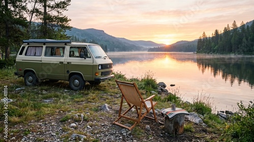 Retro green camper van parked by a calm lake at sunrise. Cozy camping site with wooden folding chair, campfire log, and misty mountain reflection.