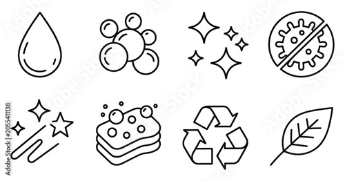 Foto Cleaning icons highlighting hygiene, water bubbles, sparkle, eco friendly themes, anti virus protection, and recycle concepts