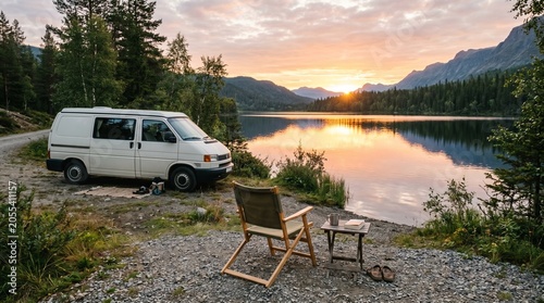 White camper van parked by the scenic lake during a golden sunset. Outdoor camping site setup with folding chair, table, and mountain view.