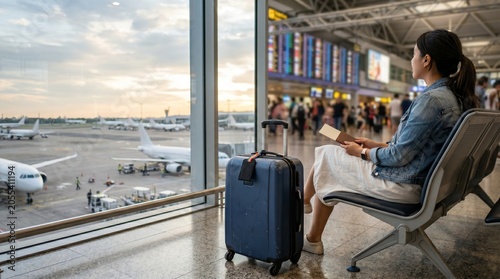Young woman traveler sitting at airport gate looking at airplanes out the window. Female tourist waiting for flight departure with passport and suitcase.