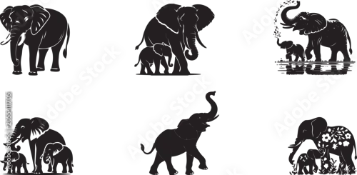 Fototapeta na wymiar Black Elephant Icons, Elephant Silhouette Set, Wildlife Vector Graphics, Animal Symbols