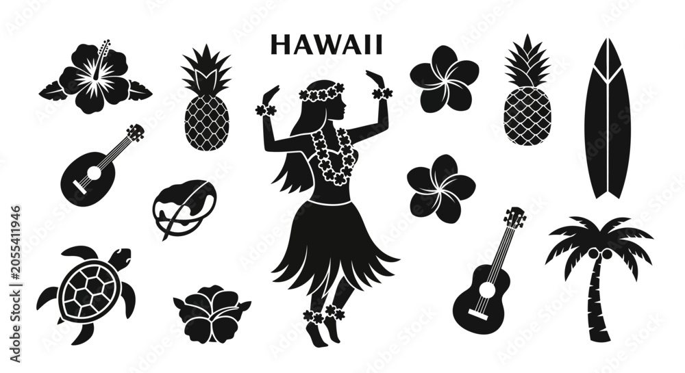 Fototapeta premium Set of black Hawaii tropical island theme icons and silhouettes.