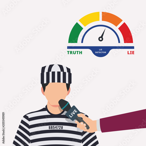Reporter conducting a live interview with a prisoner while a lie detector gauge measures truthfulness and deception