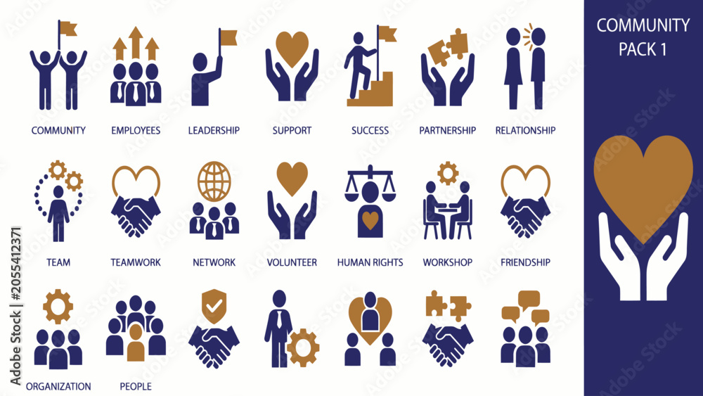 Fototapeta premium Community and social responsibility icon set flat vector design for teamwork HR 