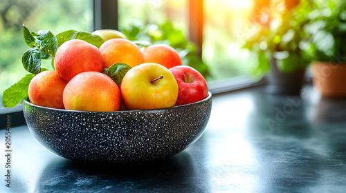 Fresh apples in a bowl on table.