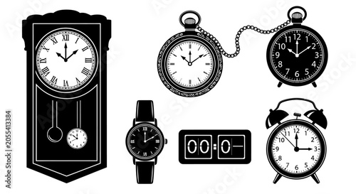 Photos Collection of traditional black silhouette timekeeping devices including grandfather clock, pocket watch, alarm clock, wristwatch, and digital clock on an isolated white background