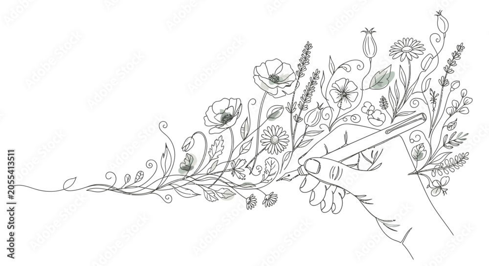 Obraz premium Hand holding a pen drawing a beautiful swirl of blooming flowers and natural elements, symbolizing creativity and organic growth on an isolated white background.