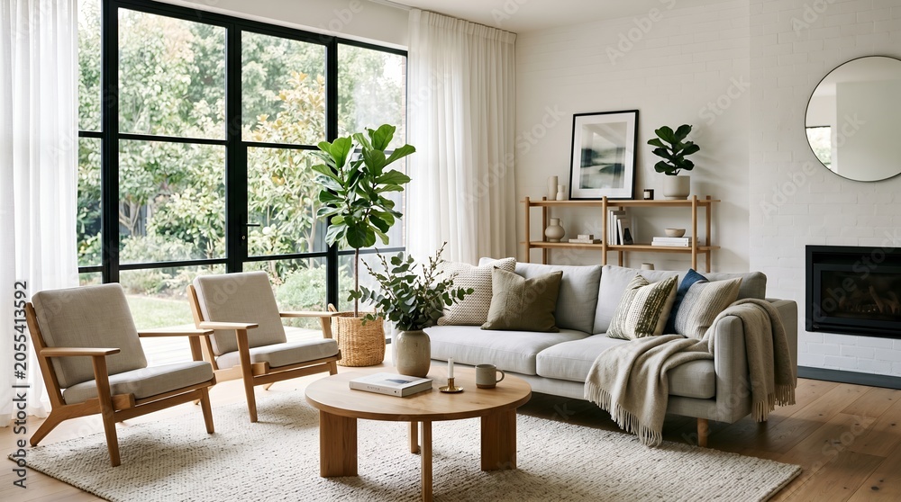 Fototapeta premium Modern Minimalist Living Room Interior with Scandinavian Design, Large Windows, and Garden View