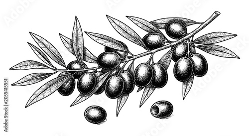 Photos Detailed Vintage Engraving of Olive Branch and Loose Olives, Botanical Sketch, i