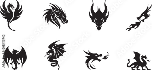 Dragon icons, black silhouette dragon set, mythical creature symbols, fantasy vector graphics