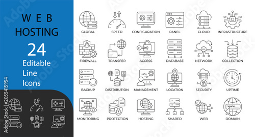Bild auf Leinwand Web hosting and cloud computing line icon set