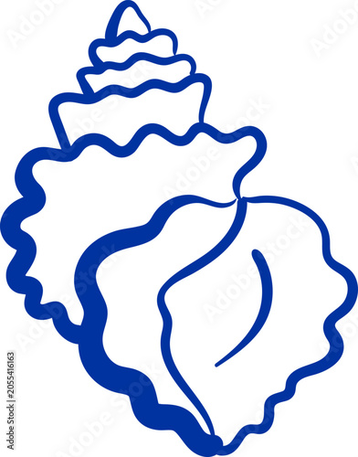 One large shell, hand drawing in blue ink. Seashell sketch.