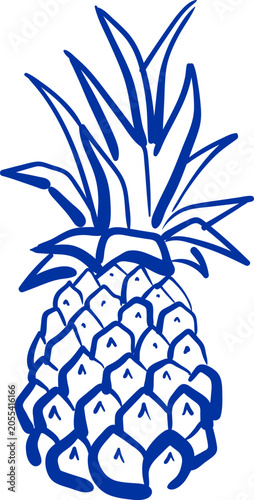 Pineapple hand drawing in blue ink. Tropical fruit sketch.