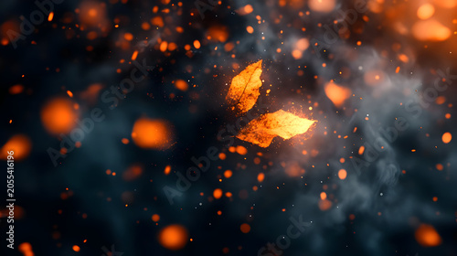 Glowing orange particles in dark space.