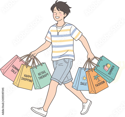 A smiling young man in casual summer clothes walks with a collection of colorful shopping bags filled with purchases.