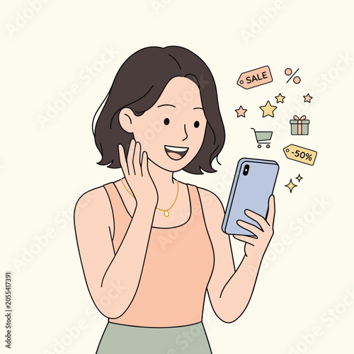 A happy young woman is holding a smartphone and looking at it with excitement. Icons related to shopping and sales float around her.