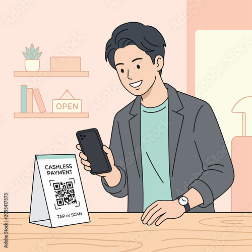 A smiling man holding a smartphone to scan a QR code for cashless payment