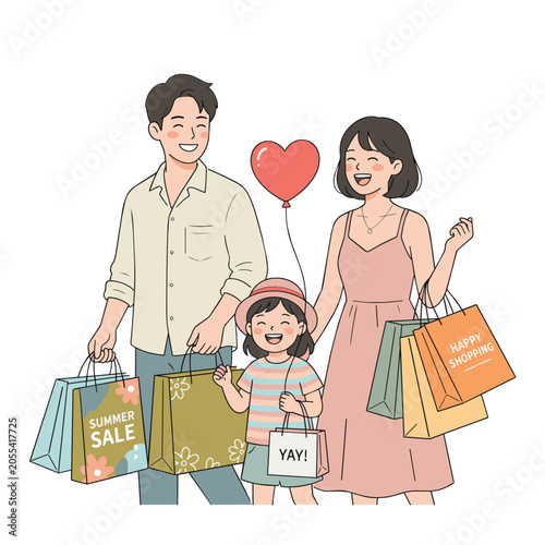 A joyful family, parents and a child, are depicted with shopping bags and a red balloon, symbolizing a fun outing.