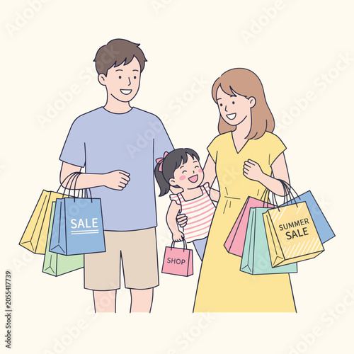 A smiling family, parents and a child, carrying shopping bags, indicating a joyful shopping experience.
