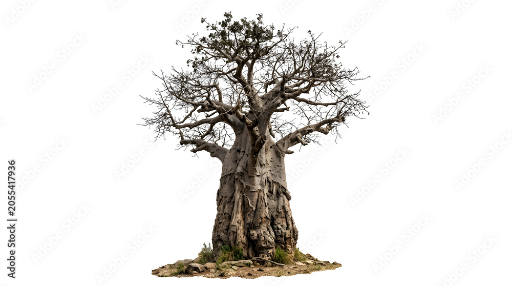 Obraz premium An ancient and majestic baobab tree, iconic symbol of resilience, standing tall with its unique, thick trunk and gnarled branches, captured in stunning detail against a pure white background