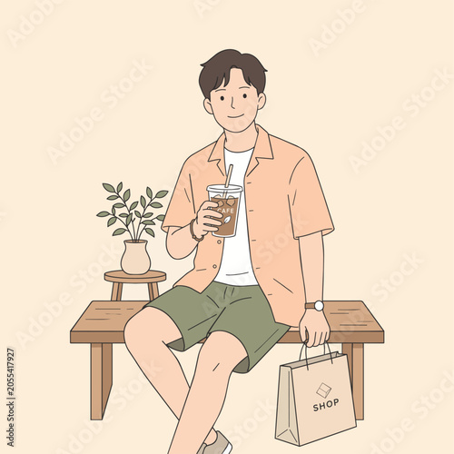 A smiling young man in casual summer attire sits on a wooden bench, holding a cold beverage and a shopping bag.