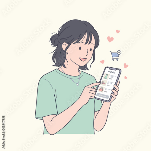 A young woman with dark hair tied up is smiling while holding and interacting with her smartphone, displaying an online shopping interface. A small shopping cart icon and hearts float around her.