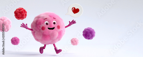 Cute pink fluffy cell character expressing love with heart speech bubble surrounded by colorful microbes on a clean background