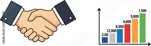 Business handshake and growth chart icons representing partnership and financial success perfect for corporate presentations and reports