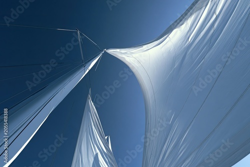 White sails billow against a deep blue sky, creating dynamic curves