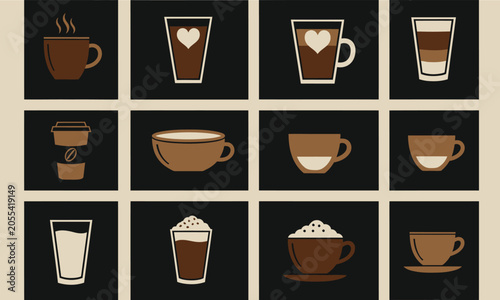 Coffee and Espresso Icon Set. Minimalist Flat Vector Illustration of Coffee Cups, Latte Art, Takeaway Mugs, and Glassware in a Grid Layout for Cafe Branding.