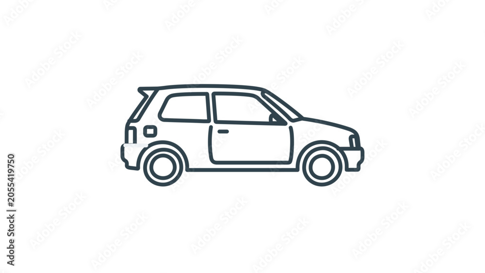 Fototapeta premium Compact urban hatchback line icon with editable stroke. Modern minimalist vector illustration of a city car, ideal for smart mobility, transportation, and sustainable travel concepts.