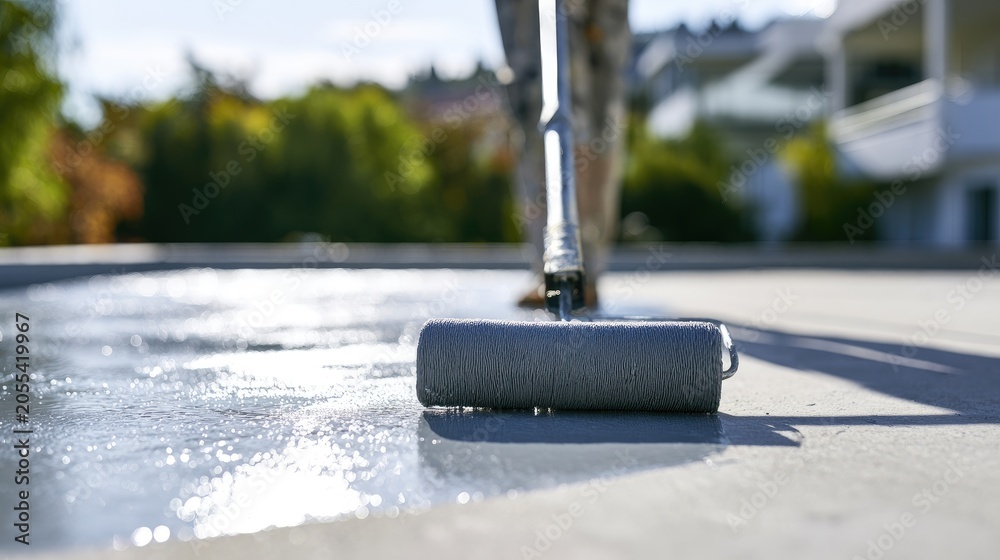 Fototapeta premium Person applies waterproof coating to rooftop with roller