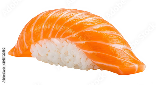 Delicious sushi roll with orange salmon and rice on white