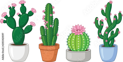 Fényképezés Blooming Potted Cactus Collection Featuring Prickly Saguaro Organ Pipe and Barre