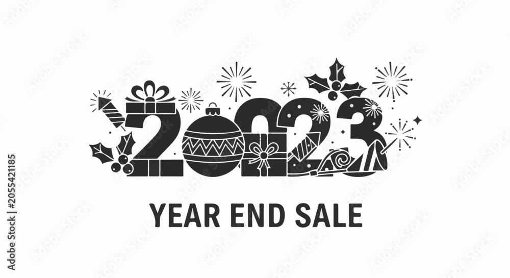 Fototapeta premium Festive 2023 numerals decorated with gifts, holly, baubles, and fireworks, with 